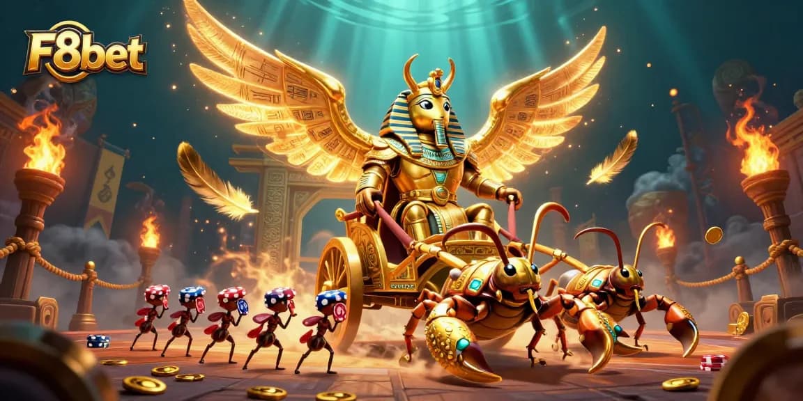 Engage in thrilling action at F8bet with a dynamic scene of a golden scarab in a casino war chariot.
