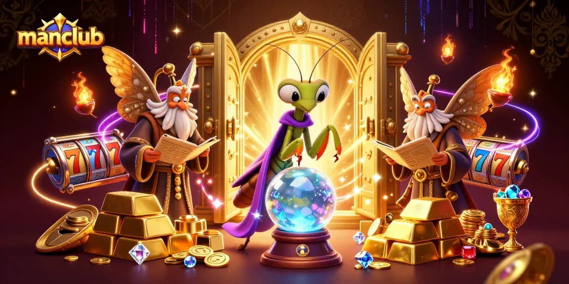 Experience the excitement at manclub's vibrant casino scene with magical characters and dynamic slot reels.