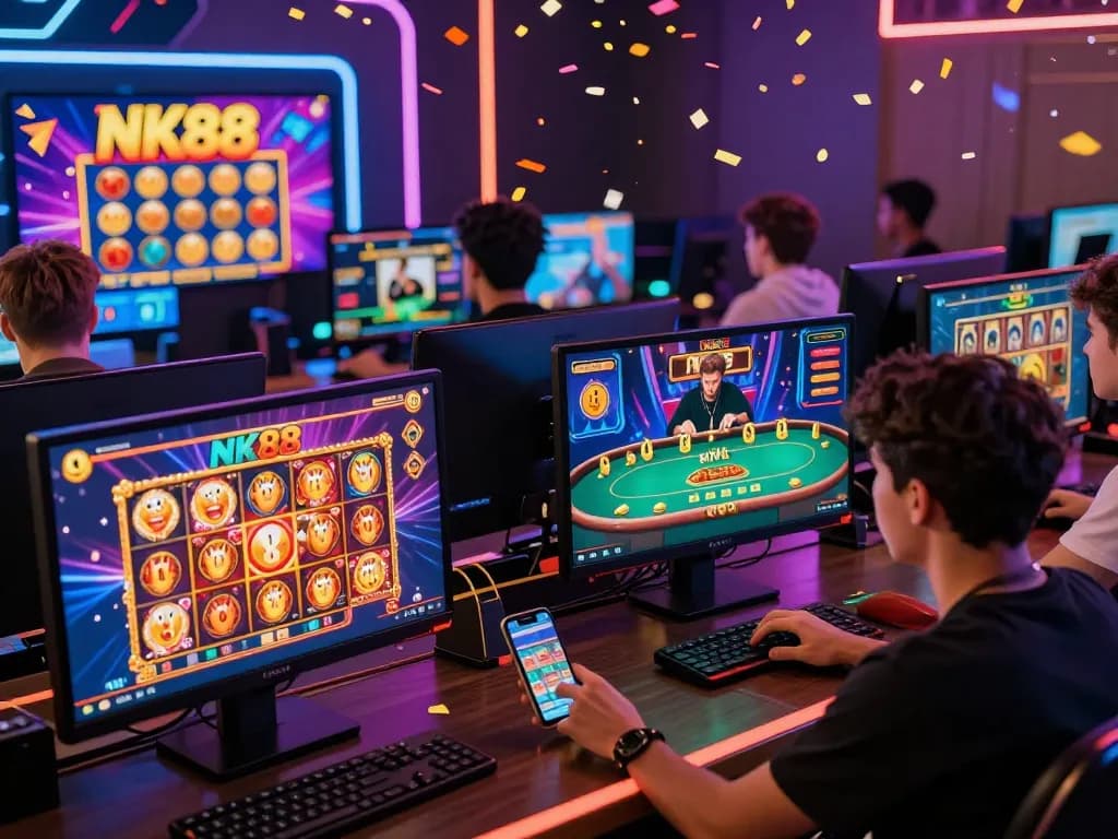 Engaged players enjoying NK88 casino games on desktops and mobiles, highlighting vibrant gaming interfaces.