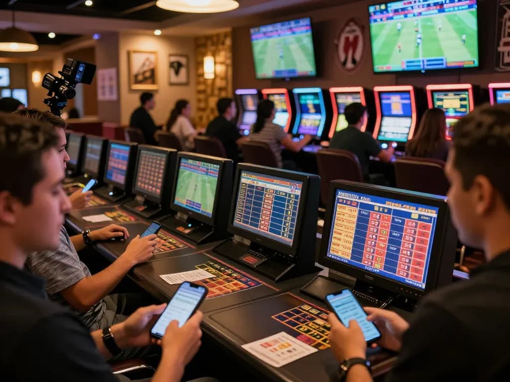 Kèo nhà cái hôm nay highlights active sports betting scene with engaged players using screens and smartphones.