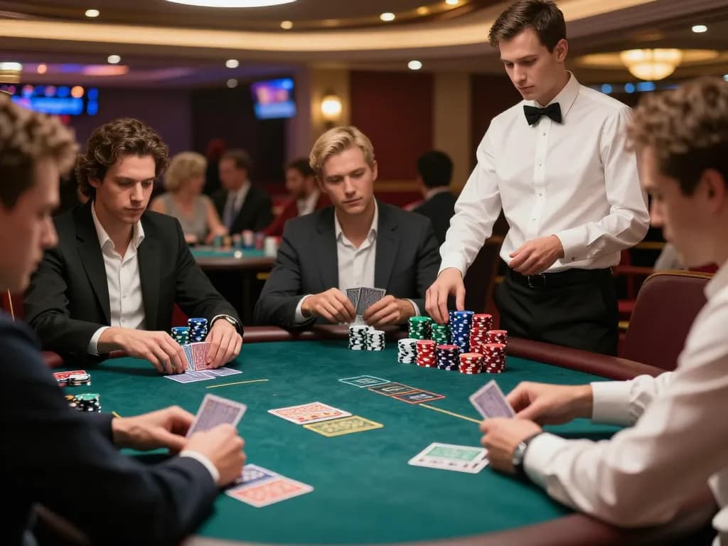 Cena de cassino AAVIP mostrando jogadores estrategizando em um jogo de poker de alto risco repleto de emoção e escolhas.