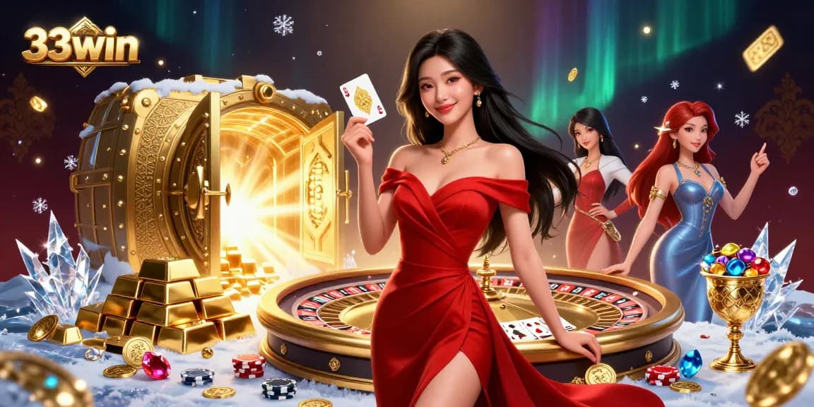 Experience the thrill of 33win casino featuring a confident woman with a golden playing card.