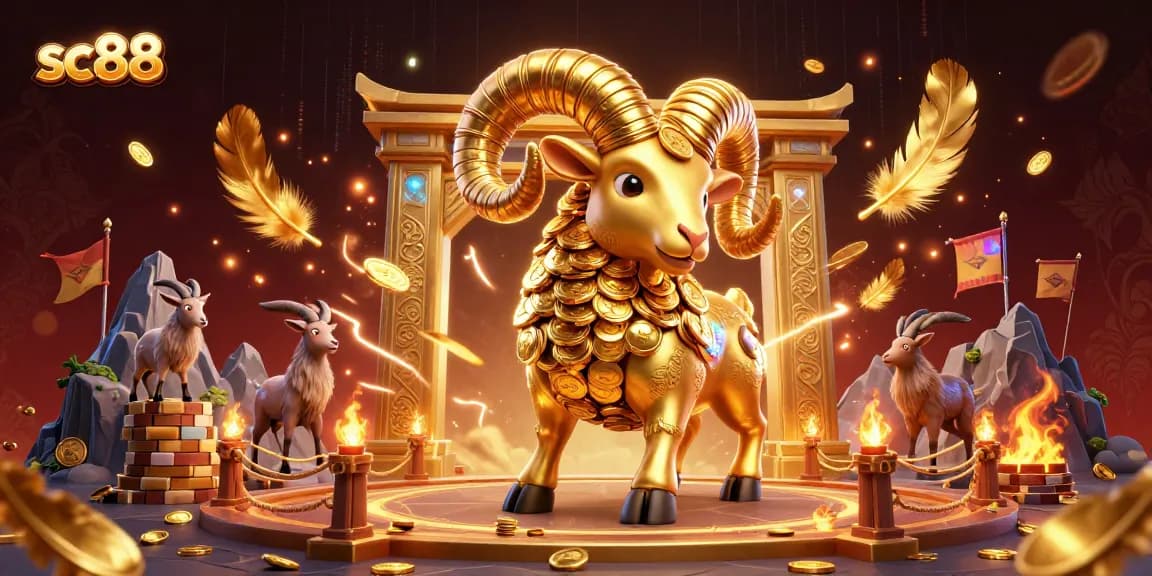 Experience thrilling moments at sc88 with a vibrant illustration of a golden ram charging through a dynamic gaming arena.