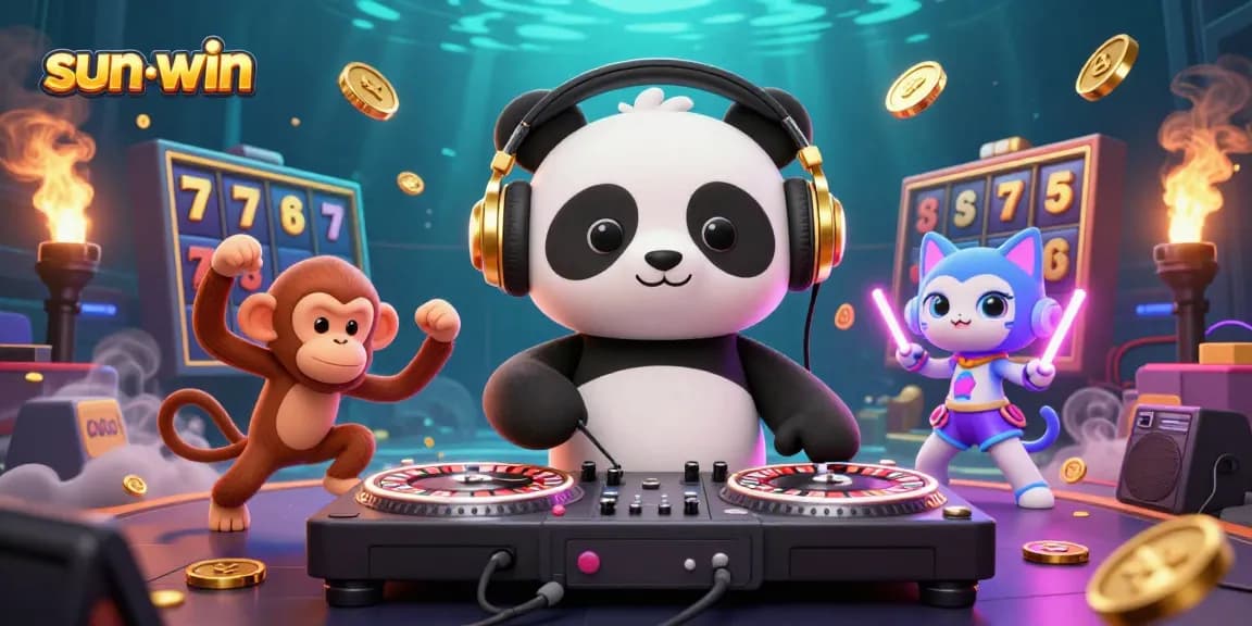 Experience thrilling games at sun-win with cartoon DJ panda, vibrant slots, and dancing monkey in action.