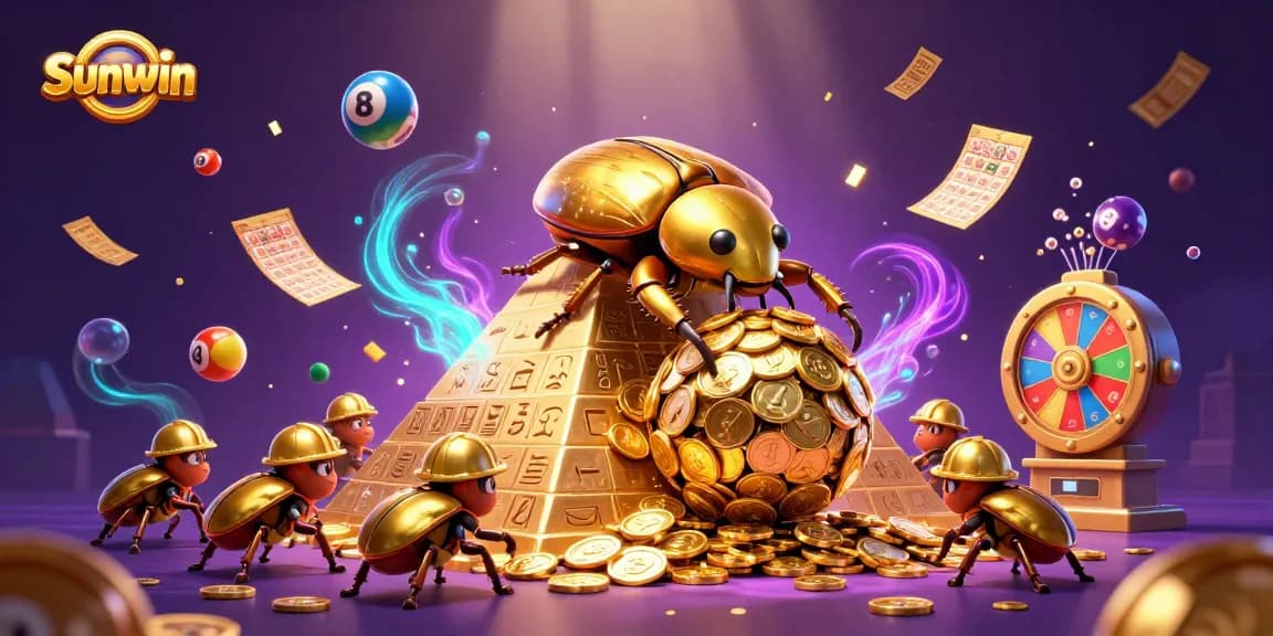 Sunwin features an engaging golden beetle scene with dynamic casino elements and vibrant colors.
