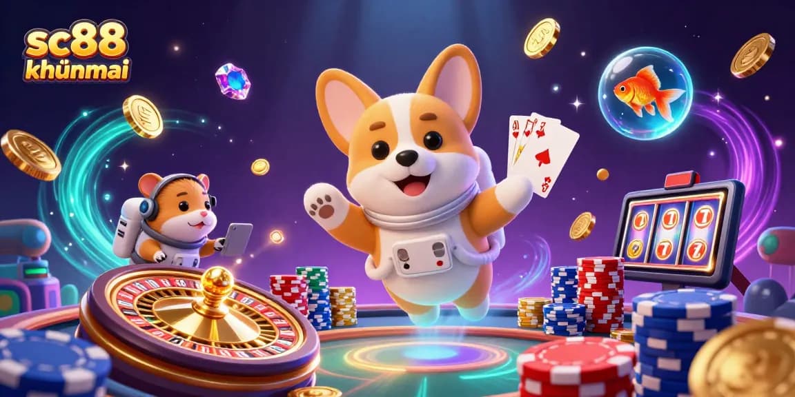 sc88 khuyenmai showcases an exciting space casino scene with a floating corgi and vibrant gambling elements.