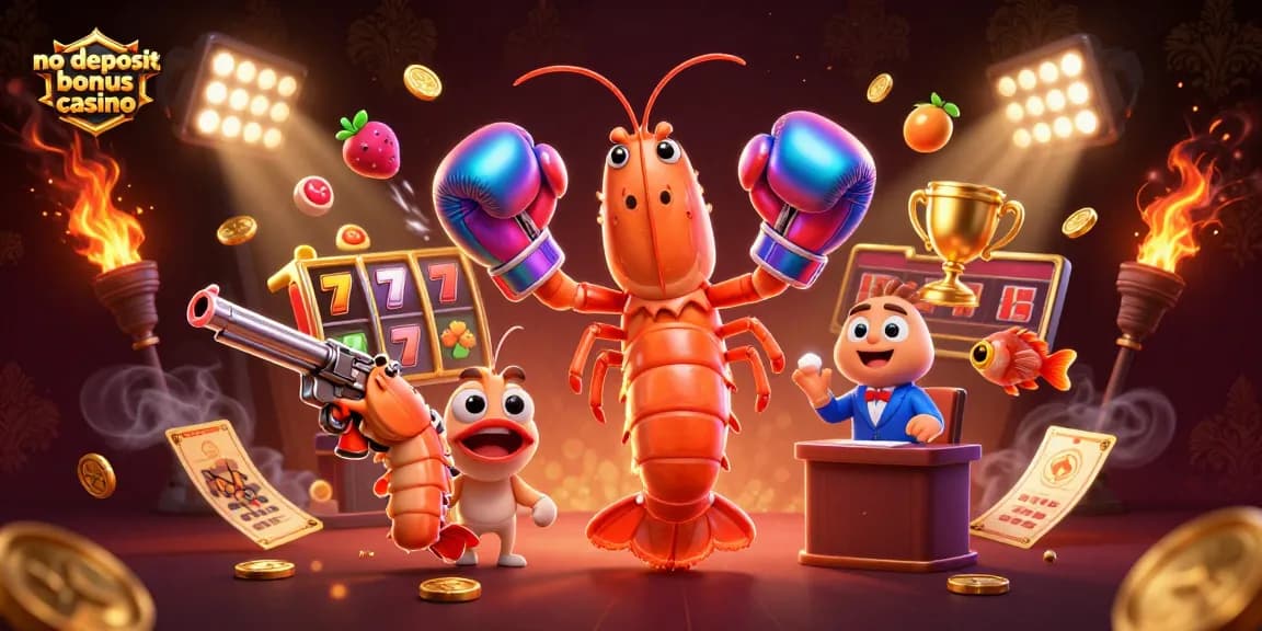 No Deposit Bonus Casino featuring animated mantis shrimp, vibrant lucky 7s, and gold coins.