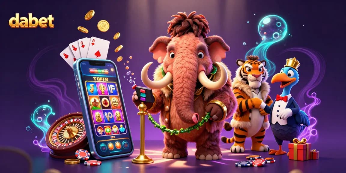 Dabet casino scene with a woolly mammoth bouncer, saber-tooth tiger guest, and vivid gaming elements.