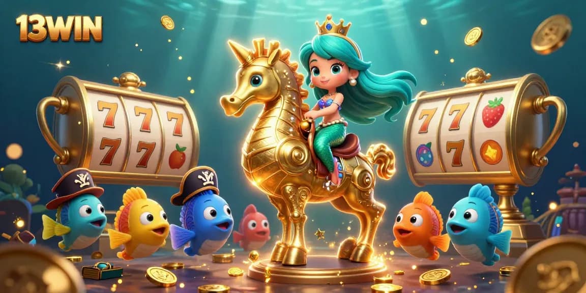Discover exciting games at 13WIN, featuring a mermaid princess and dynamic slot elements in a vibrant casino scene.