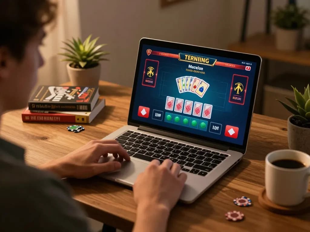 Jogador aproveitando um envolvente jogo de blackjack na 668bet de um aconchegante home office