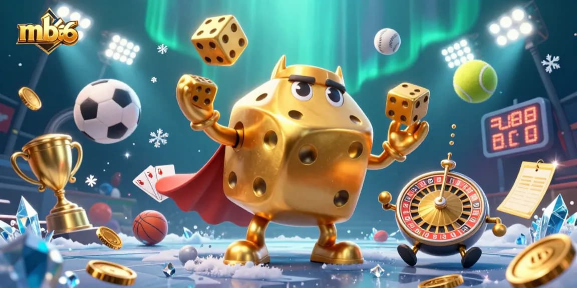 Engage in thrilling bets with mb66 as a golden dice golem juggles winnings amidst dynamic sports elements.