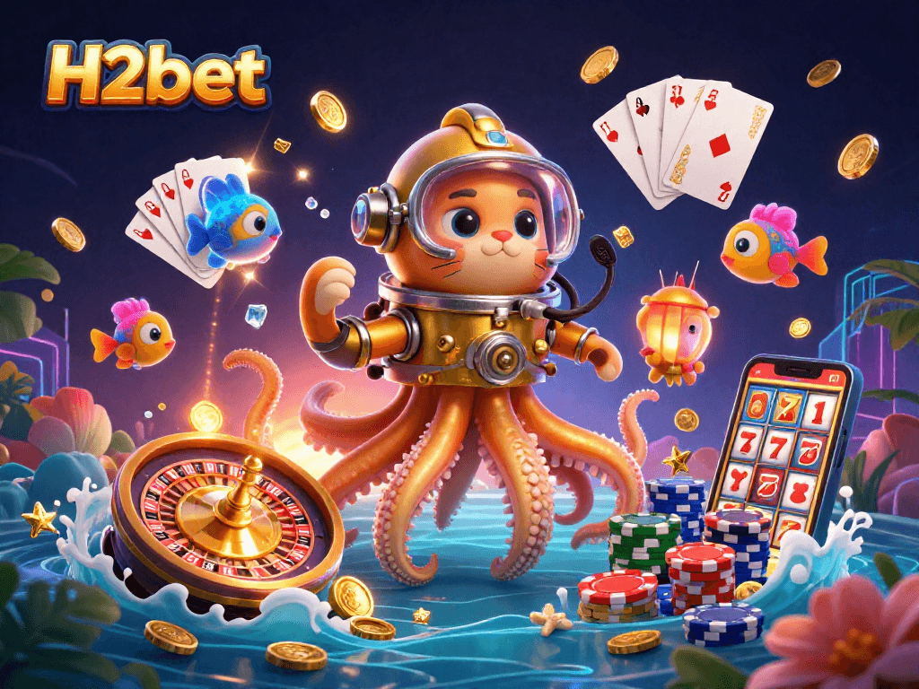 Experience H2bet's oceanic adventure featuring a kraken, diving cat, and casino elements.