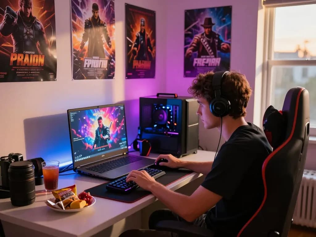 Engage in free porn games with a gamer in a vibrant room, showcasing gaming setup and atmosphere.