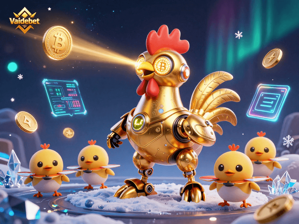 Experience exciting gaming with Vaidebet's vibrant 3D casino illustration featuring dynamic crypto elements.