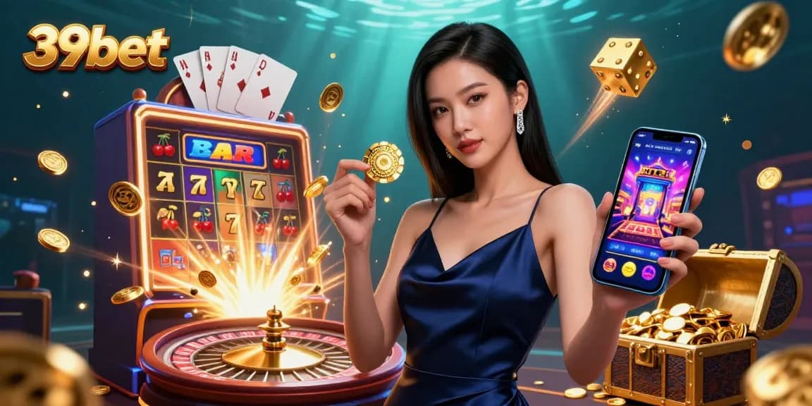 Engage with 39bet's thrilling casino experience featuring a stunning Asian woman in a navy dress holding a golden chip and smartphone.