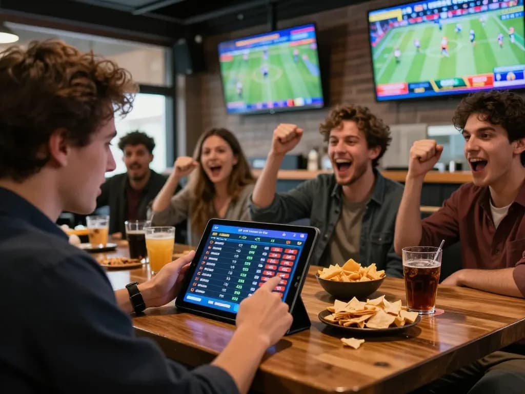 Experience the thrill of sports betting at KP88 as friends analyze odds at a lively sports bar.
