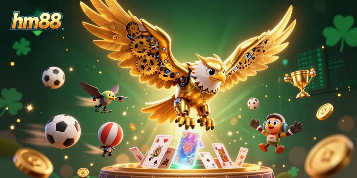 Engage in thrilling gaming with hm88's dynamic casino scene featuring a cybernetic eagle and sports elements.