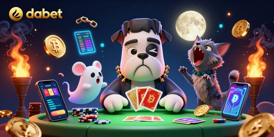 dabet casino scene with Frankenstein bulldog and ghost mouse showcasing crypto elements in vibrant illustration
