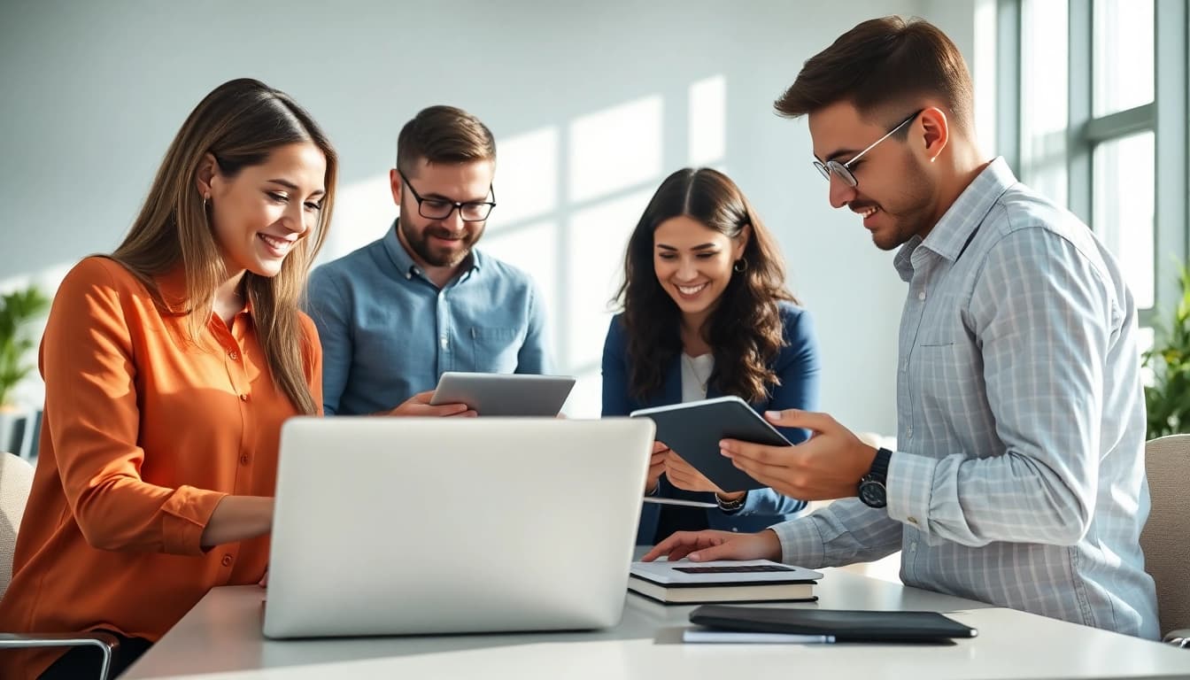 Team discussing USA focused digital service strategies in a modern office setting.
