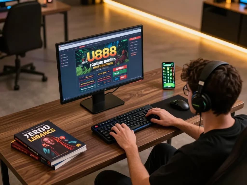 Gamer engaging with U888 online casino's platform on desktop, emphasizing strategic betting.