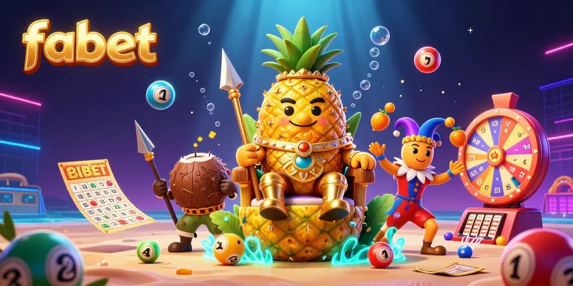 Experience the excitement of fabet casino with a vibrant illustration featuring a golden pineapple king and lively game elements.