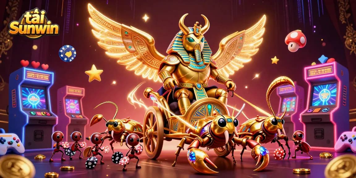 Engage in gaming excitement with tải Sunwin, featuring a dynamic casino scene of golden beetles and poker chips.