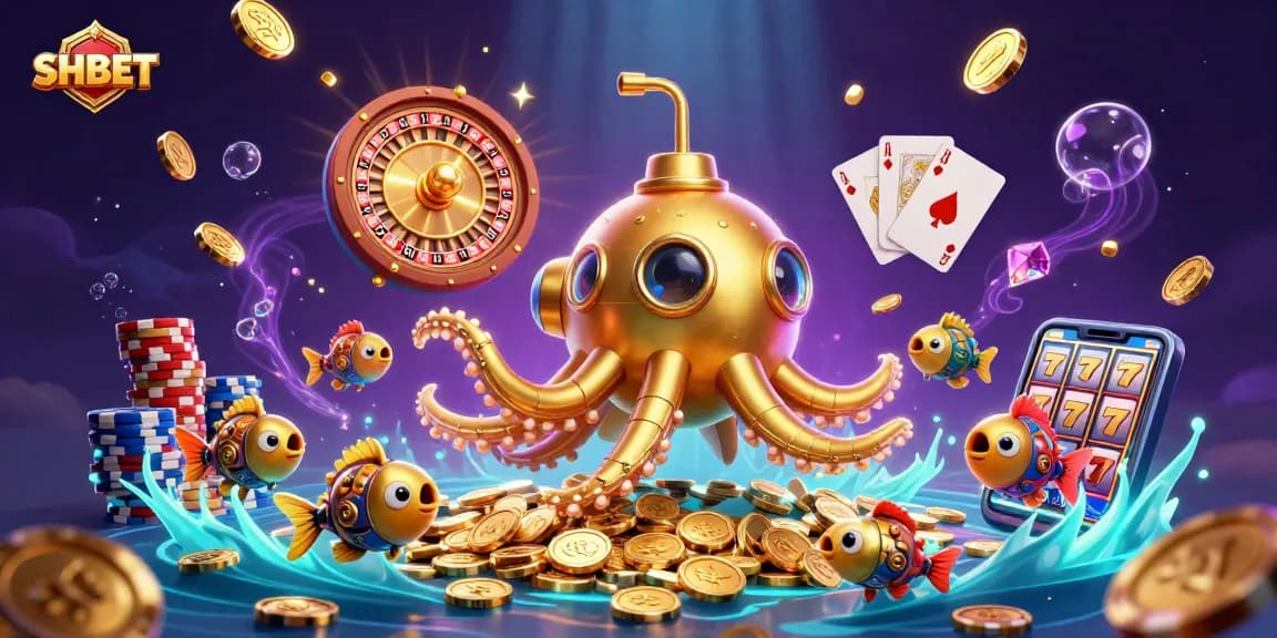 Experience SHBET's exciting gaming world with a golden kraken submarine and dynamic casino elements.