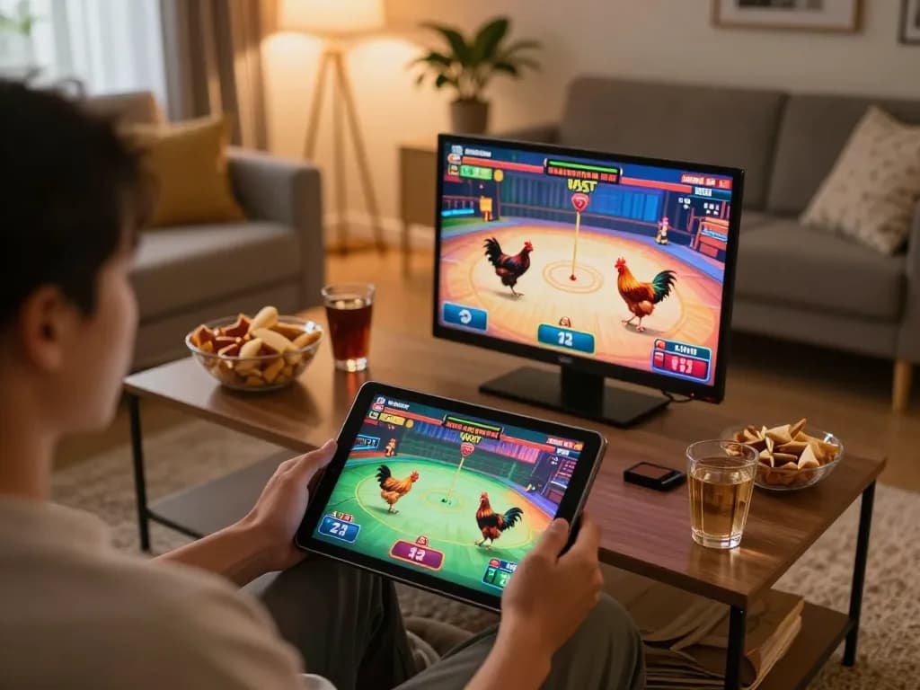 Enjoying đá gà trực tiếp tonhon on a tablet with engaging live matches and cozy home atmosphere