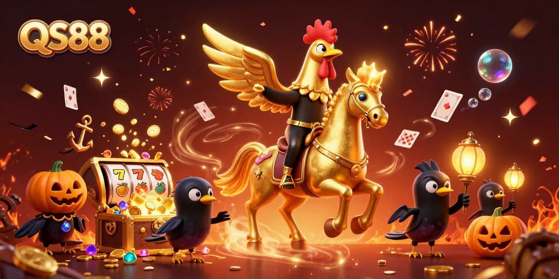 Experience the thrilling QS88 casino adventure as a golden rooster leads the celebration with dazzling elements.