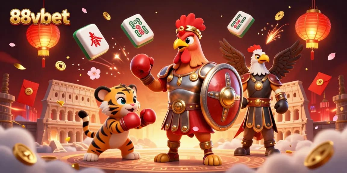 Experience 88vbet's thrilling casino action with a gladiator rooster and tiger cub in a vibrant arena.