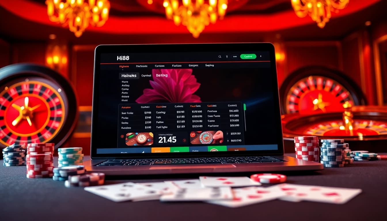 Exciting Hi88 betting experience featuring roulette, poker chips, and tables.