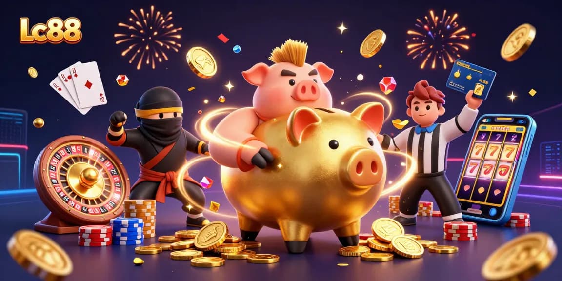 Experience thrilling wins at Lc88 with vibrant casino characters in an energetic gaming scene.
