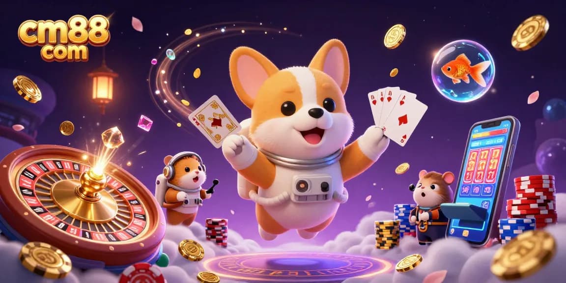 Experience gaming excitement at cm88 com with a playful corgi astronaut in a vibrant casino scene.