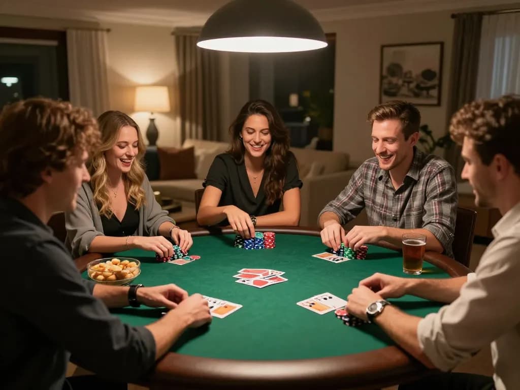 Friends enjoying a poker night at home, showcasing a thrilling 75W gaming experience with chips and cards.