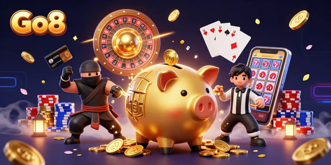 Experience thrilling gameplay at Go8 with a dynamic scene of colorful casino elements and action.