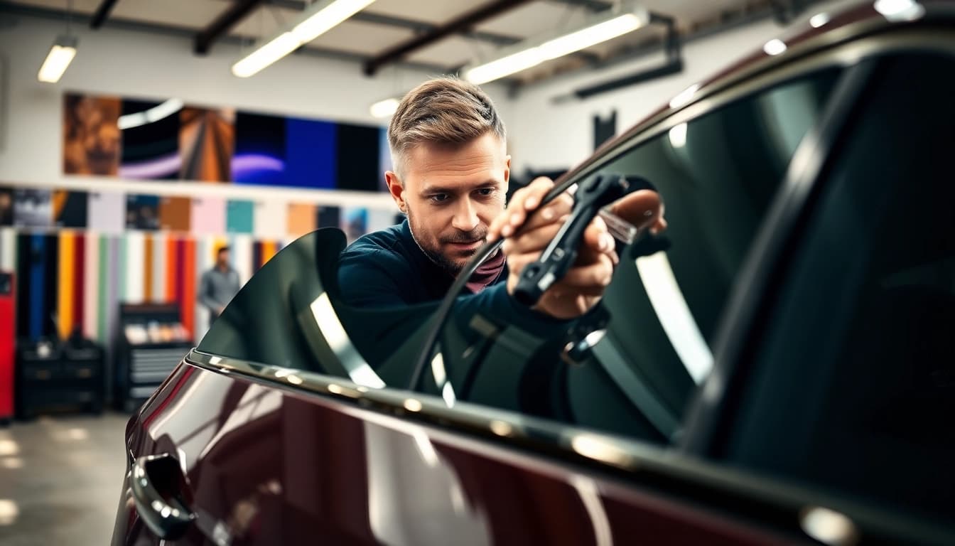 Apply the best window tint Chattanooga TN professionally in a bright automotive workshop.