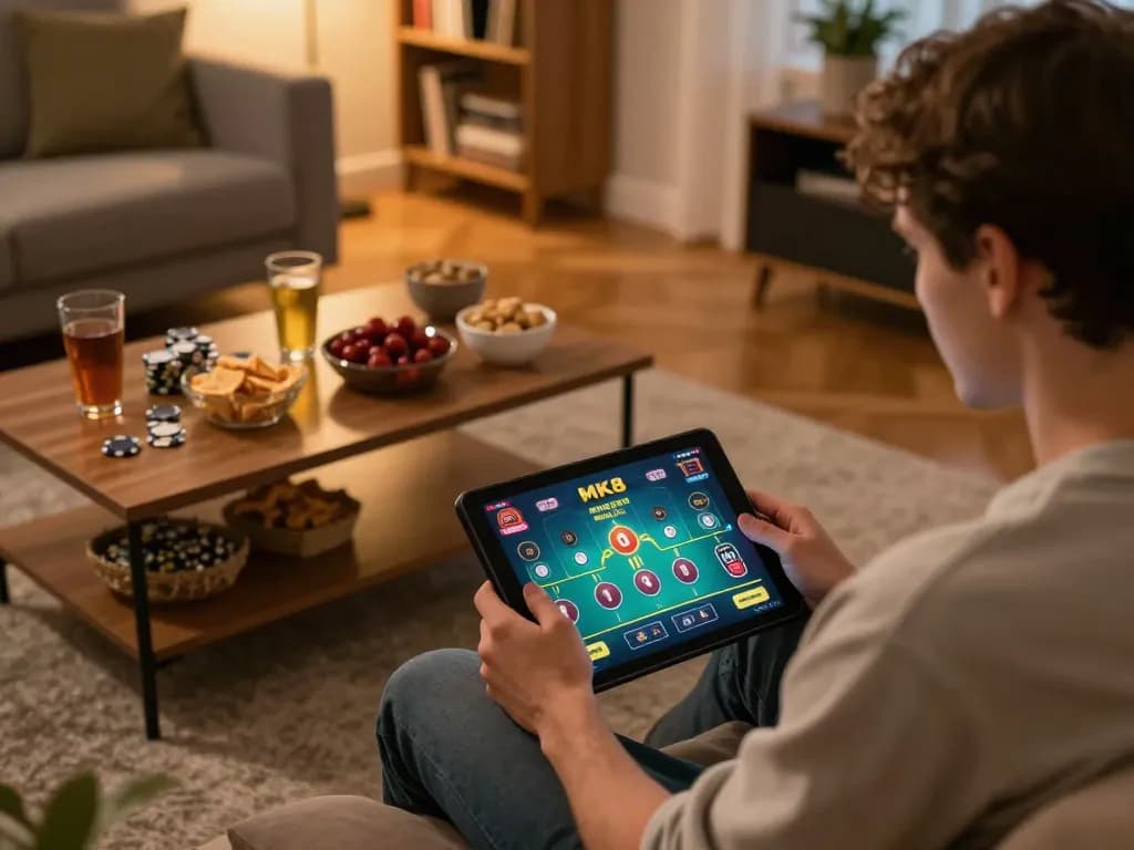 Engaging in MK8 online casino gaming at home with tablet and cozy atmosphere.