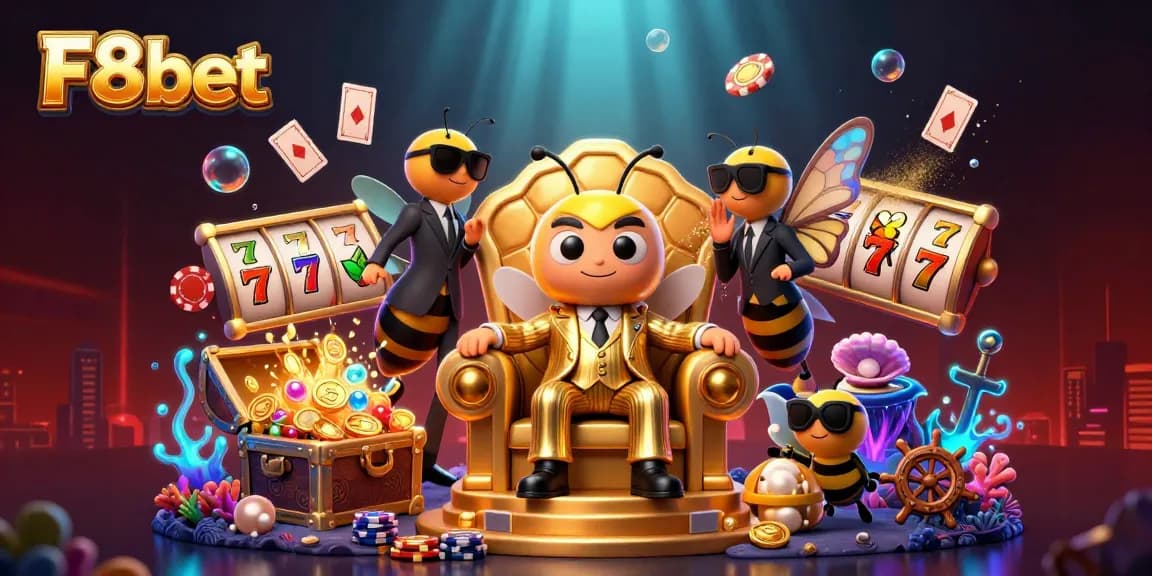 Experience exciting F8bet gaming with vibrant slot reels and dynamic 3D characters.