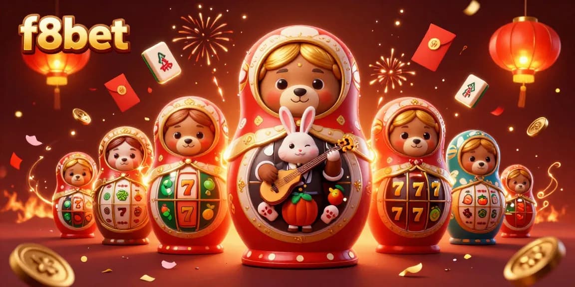 Experience exciting gameplay at f8bet with dynamic 3D casino elements including slots and festive decorations.