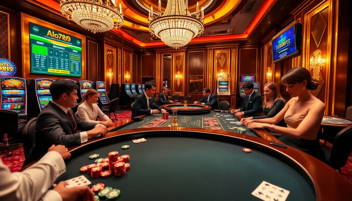 Alo789 players enjoying intense poker and roulette games in a luxurious casino setting.