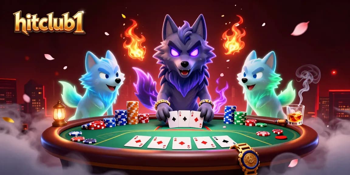 Engage with hitclub1 as a shadow wolf character leads a vibrant poker scene filled with action.