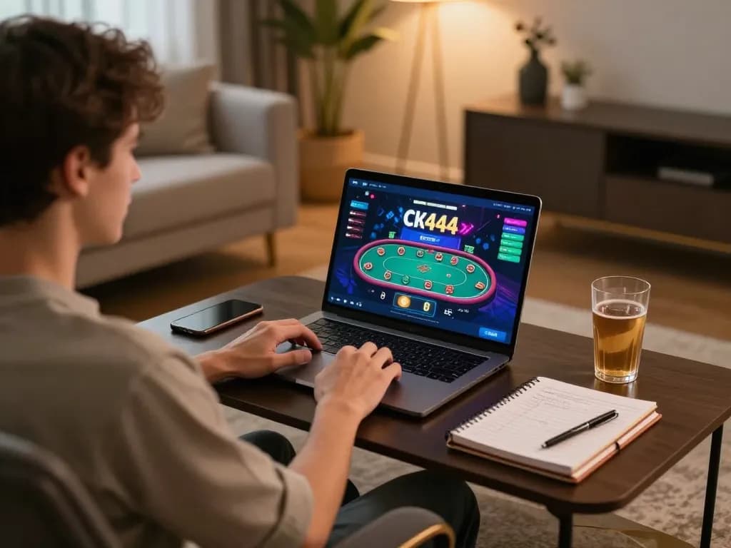 Engaging in online casino fun with ck444 app download on a laptop, cozy home gaming atmosphere