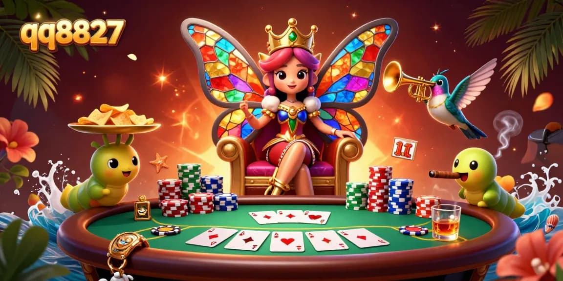 Engage in thrilling poker at qq8827, illustrated with a vibrant butterfly queen and poker elements.