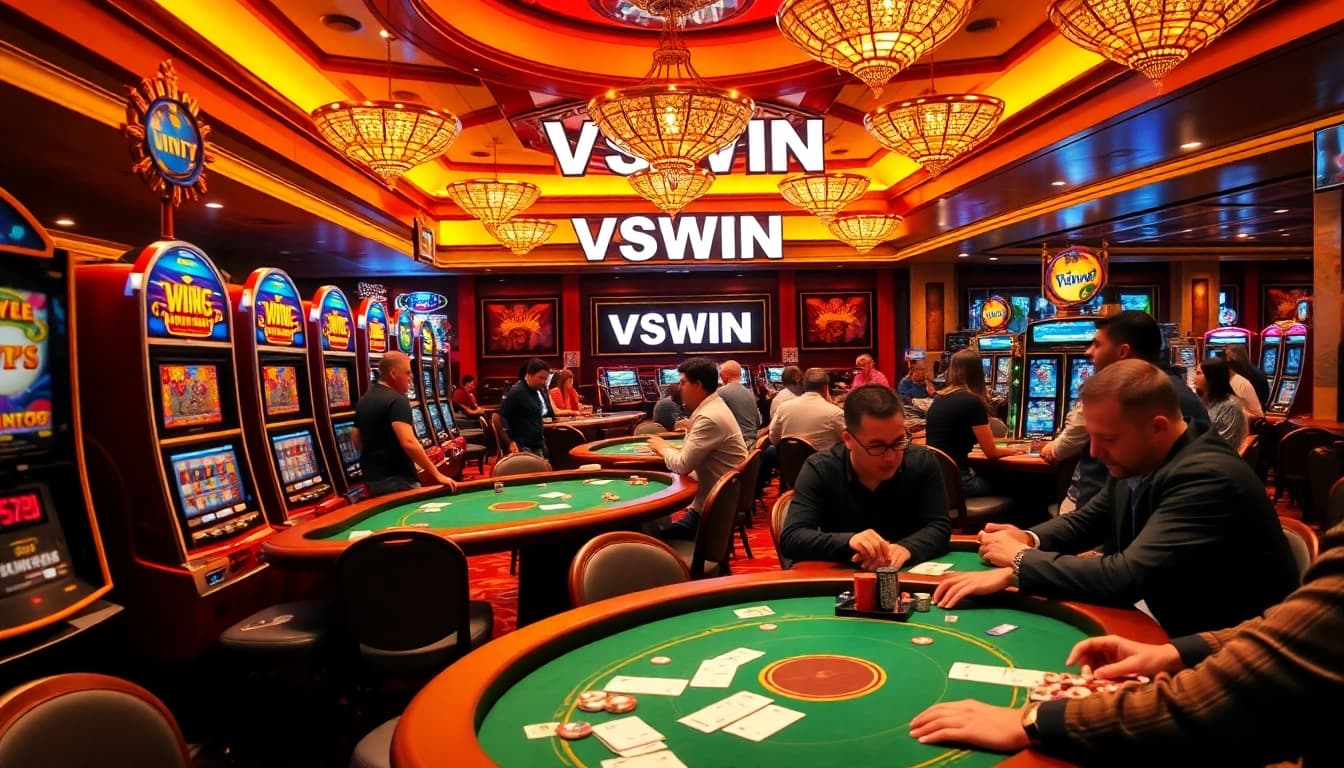 Experience the thrilling atmosphere of VSWIN with vibrant slot machines and lively players.