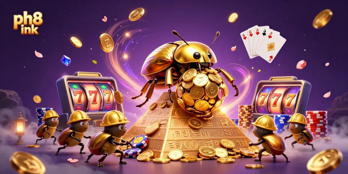 Spin the reels at ph8 ink with vibrant casino elements and lively playful characters in this 3D render.