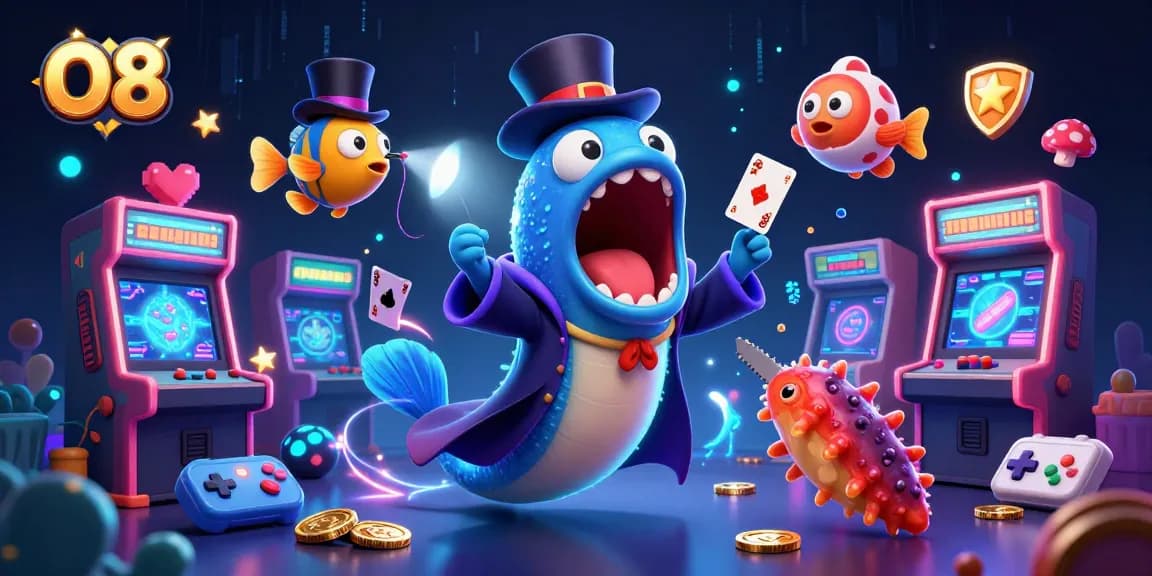 Experience thrilling gameplay at O8 with a cartoon eel magician and anglerfish spotlighting the action.