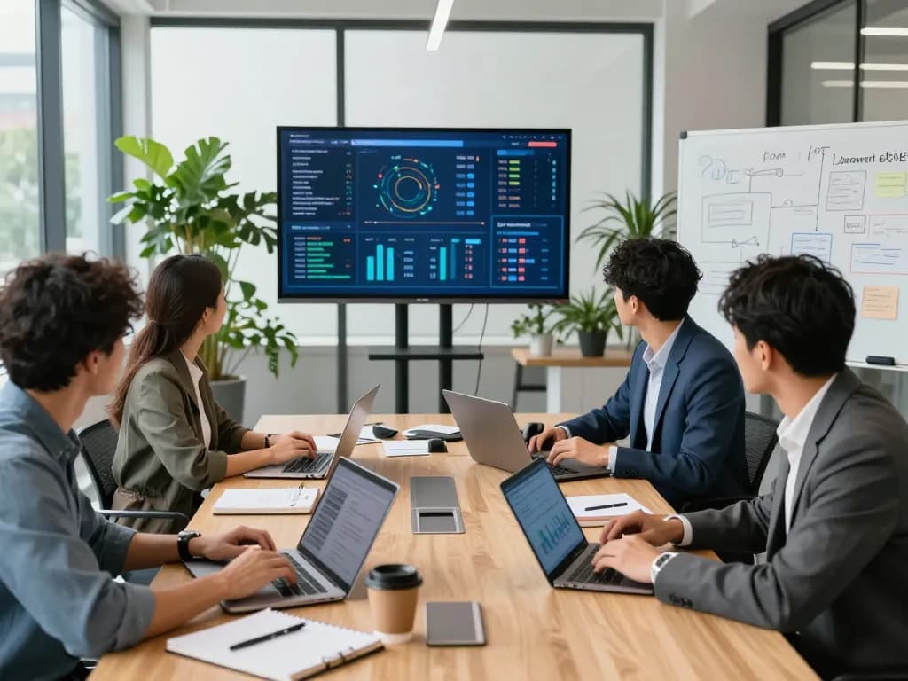 Equipe colaborando em notebooks de alto desempenho em um escritório moderno, focando em aluguel de notebooks para empresas.