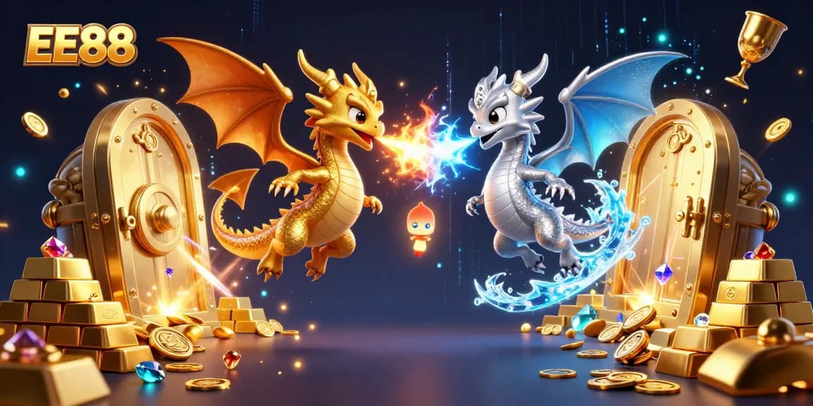 Experience the thrill of EE88 as golden and silver dragons symbolize fortune in an exciting casino atmosphere.