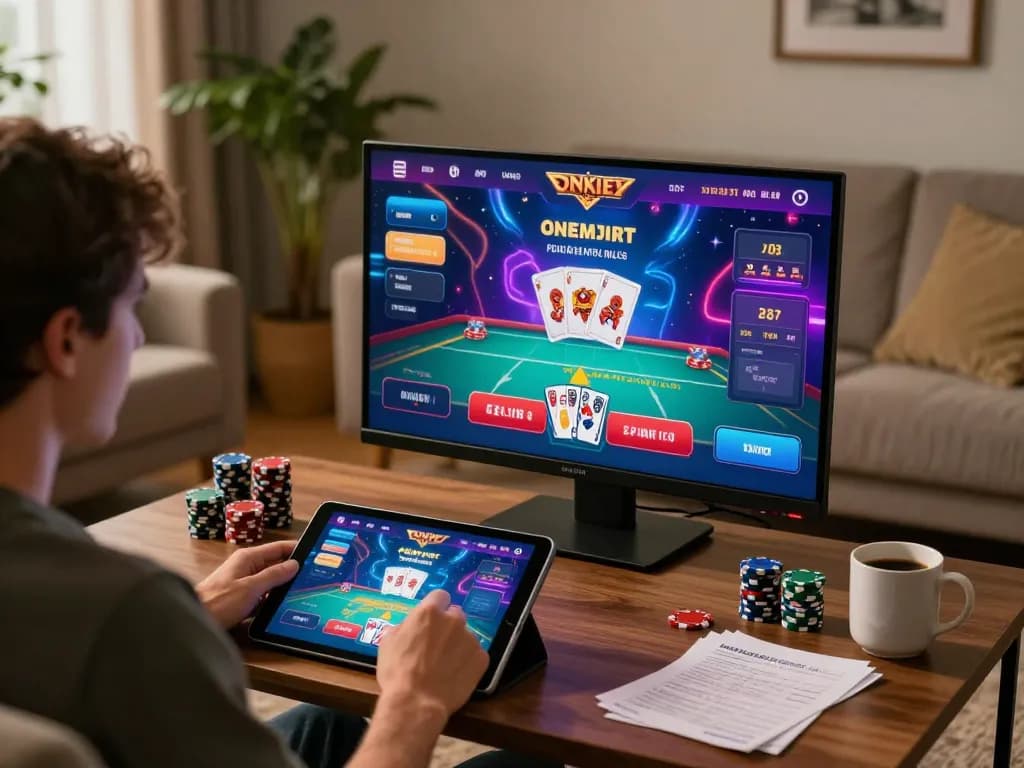 Engaging user gaming with 81FF on tablet in cozy home setting, lifestyle gambling experience