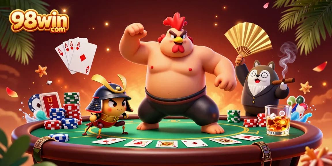 Engage in thrilling action with 98win com while viewing a vibrant casino scene featuring a cartoon rooster and samurai cricket.